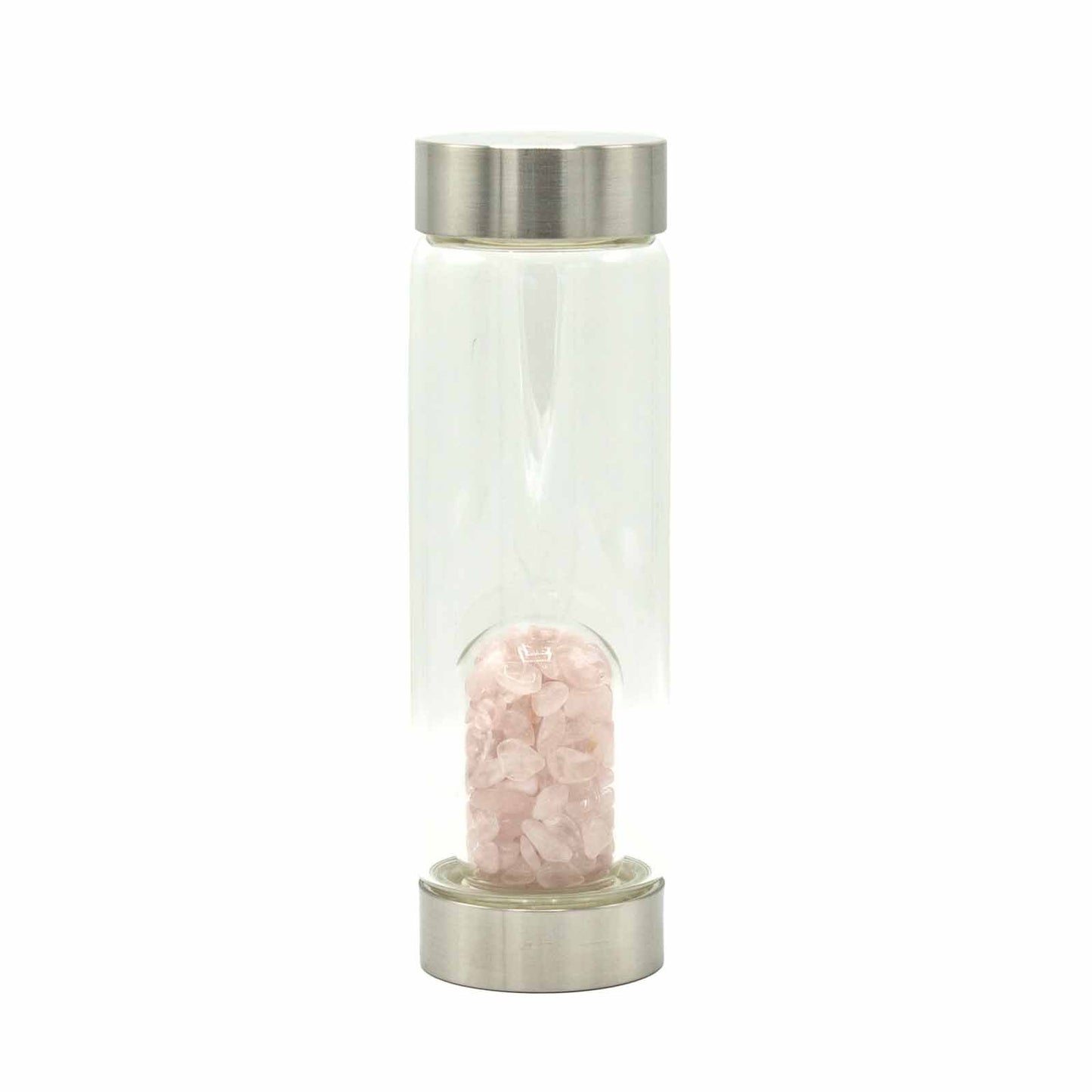 Crystal Infused Glass Water Bottle - Rejuvenating Rose Quartz, Clear Quartz, Amethyst, Red Jasper, Tigers Eye - Chips