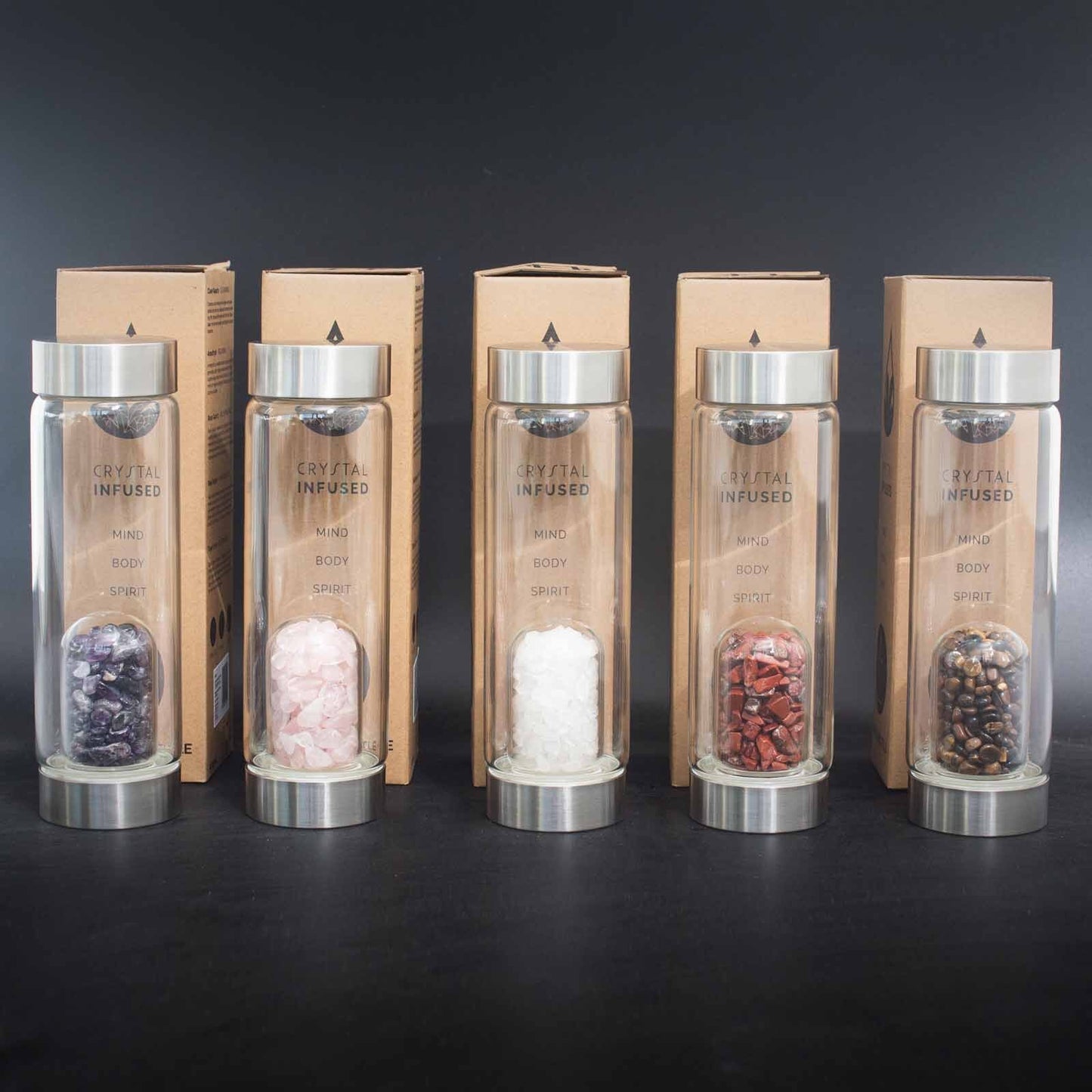 Crystal Infused Glass Water Bottle - Rejuvenating Rose Quartz, Clear Quartz, Amethyst, Red Jasper, Tigers Eye - Chips