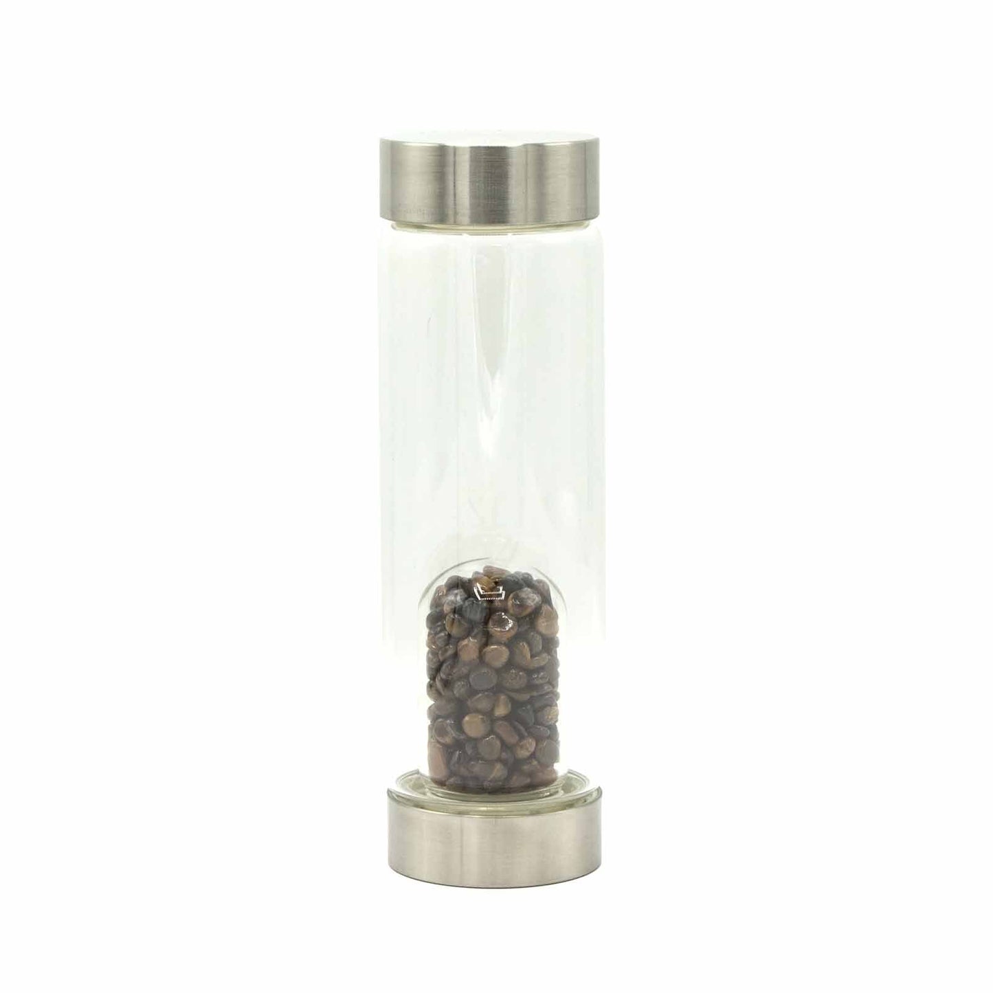 Crystal Infused Glass Water Bottle - Rejuvenating Rose Quartz, Clear Quartz, Amethyst, Red Jasper, Tigers Eye - Chips