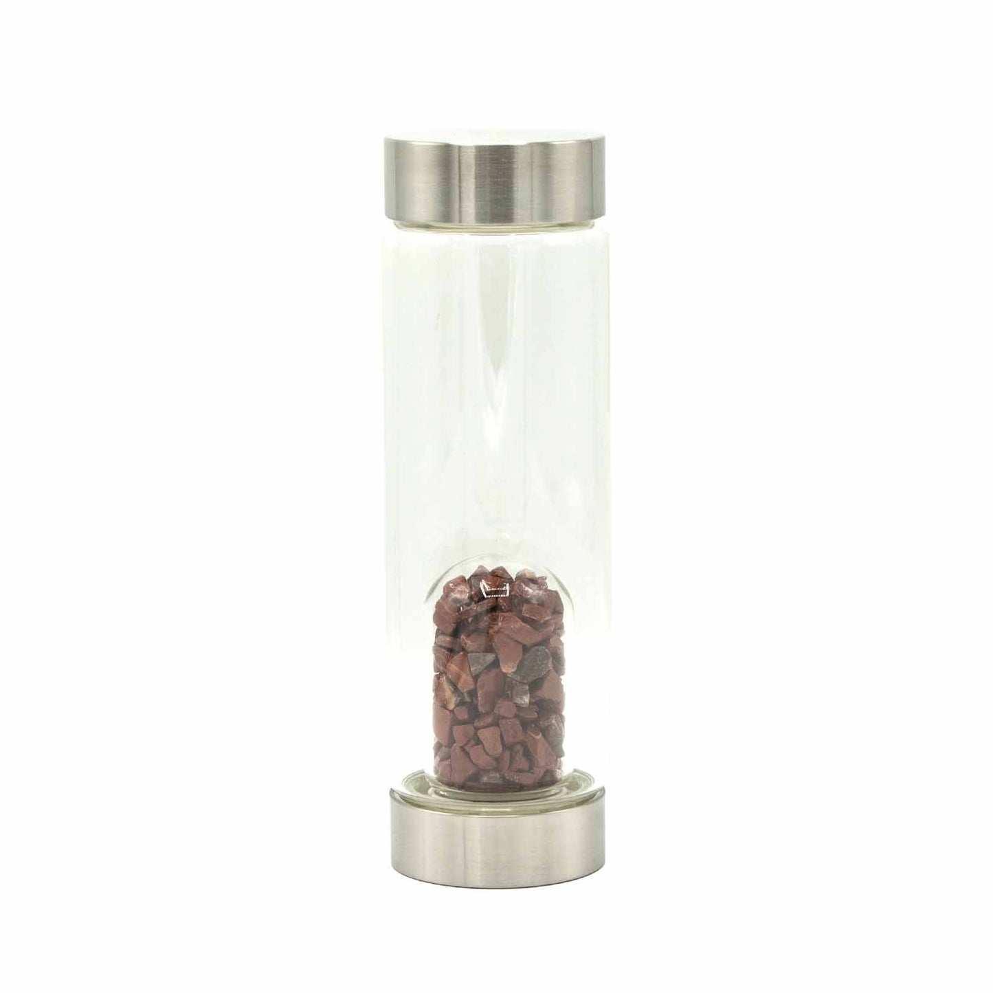 Crystal Infused Glass Water Bottle - Rejuvenating Rose Quartz, Clear Quartz, Amethyst, Red Jasper, Tigers Eye - Chips