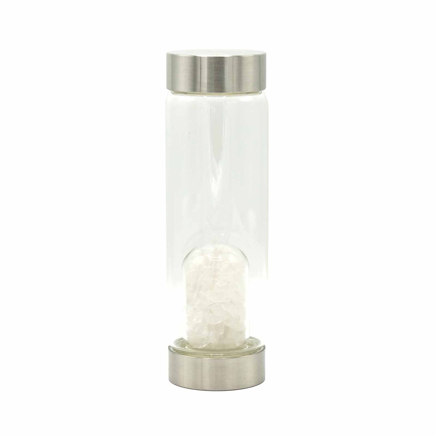 Crystal Infused Glass Water Bottle - Rejuvenating Rose Quartz, Clear Quartz, Amethyst, Red Jasper, Tigers Eye - Chips