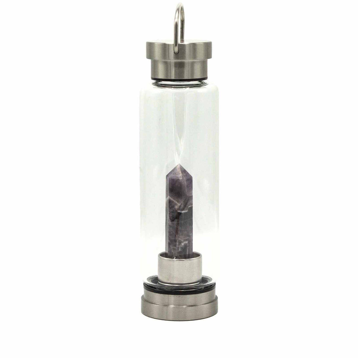 Crystal Infused Glass Water Bottle - Cleansing Clear Quartz, Amethyst, Rose Quartz, Red Jasper - Obelisk