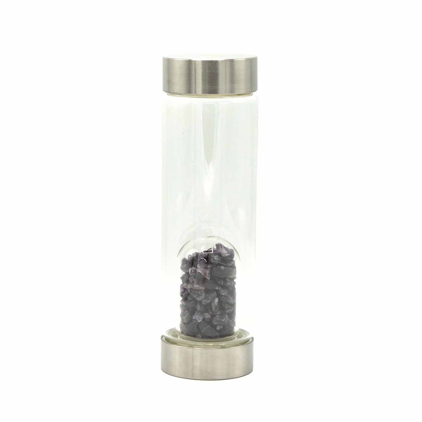 Crystal Infused Glass Water Bottle - Rejuvenating Rose Quartz, Clear Quartz, Amethyst, Red Jasper, Tigers Eye - Chips