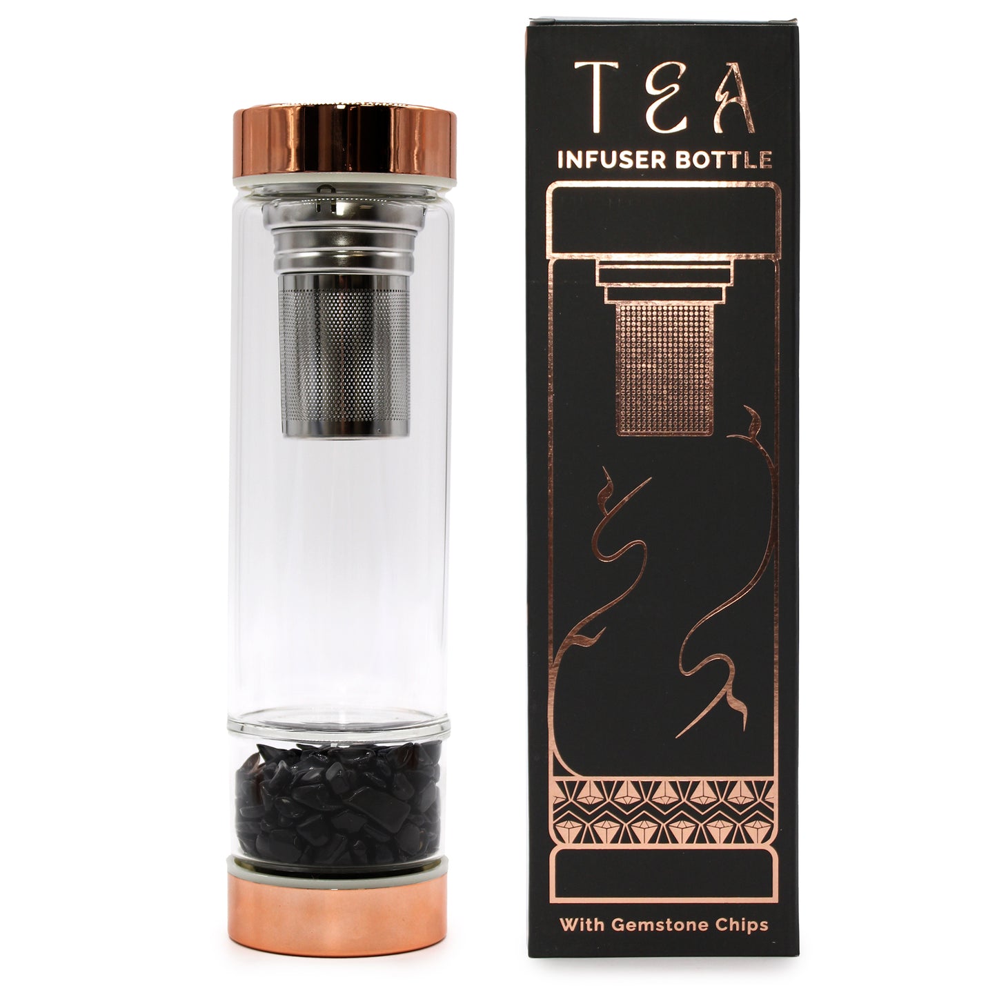 Crystal Glass Tea Infuser Bottle - Rose Gold - Amethyst, Rose Quartz, Rock Quartz, Onyx, Red Jasper