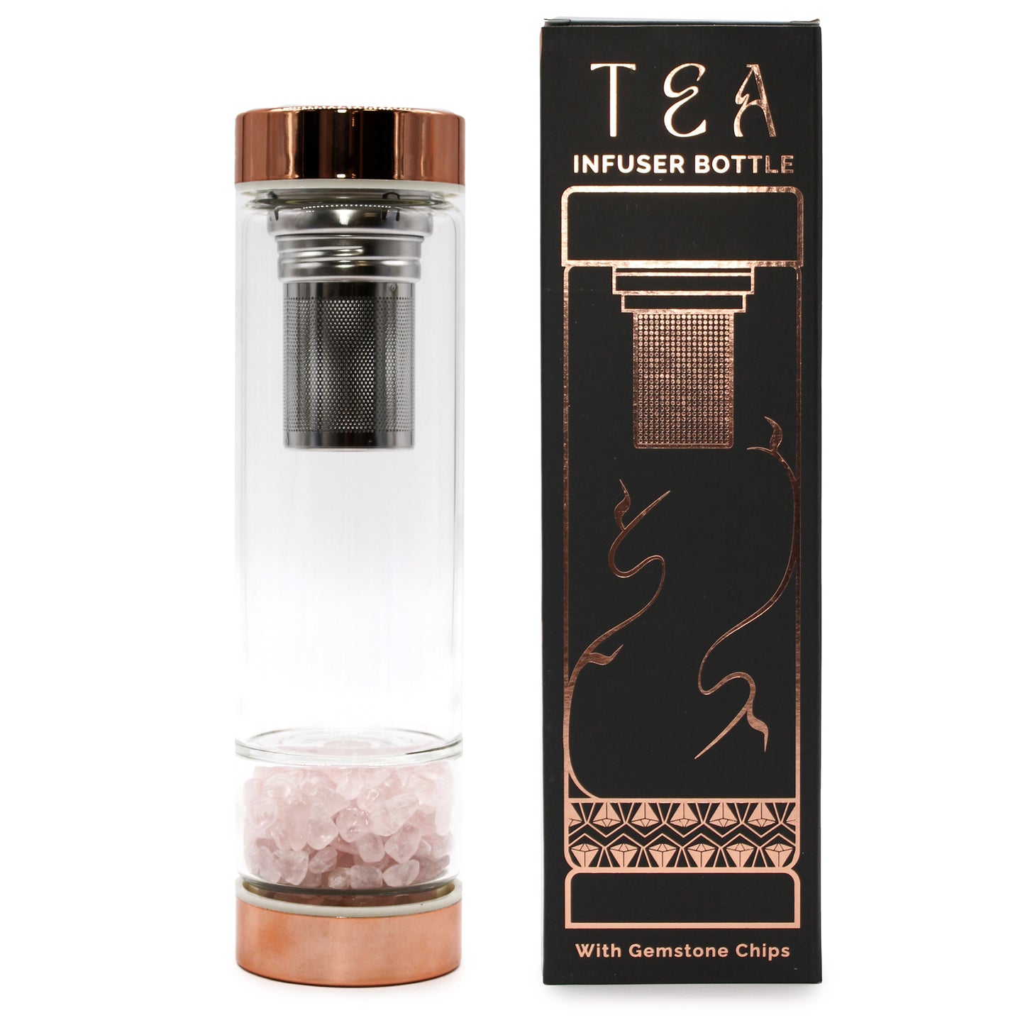 Crystal Glass Tea Infuser Bottle - Rose Gold - Amethyst, Rose Quartz, Rock Quartz, Onyx, Red Jasper