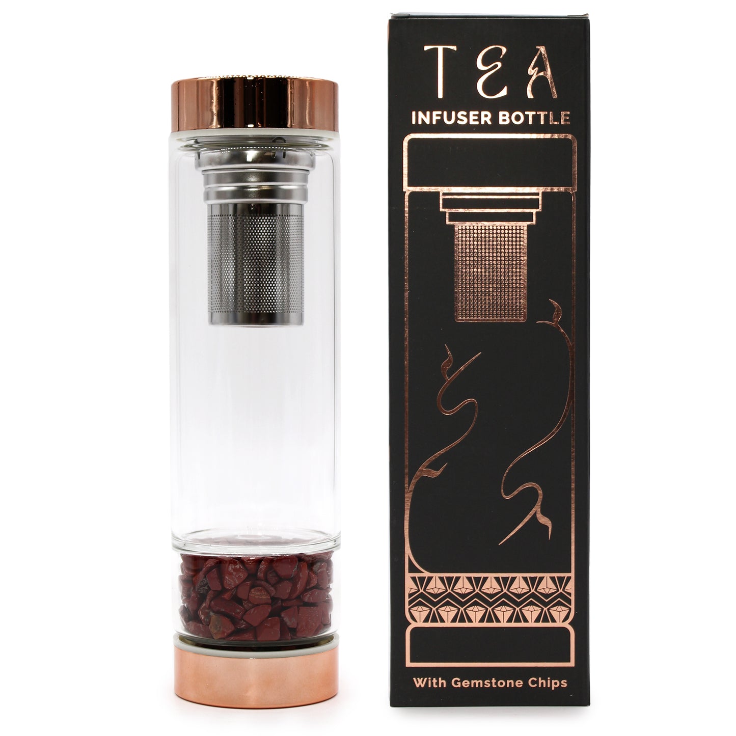 Crystal Glass Tea Infuser Bottle - Rose Gold - Amethyst, Rose Quartz, Rock Quartz, Onyx, Red Jasper