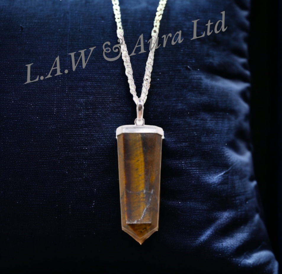 Gemstone Flat Pencil Pendant - Rose Quartz, Rock Quartz, Amethyst, Black Agate, Tigers Eye