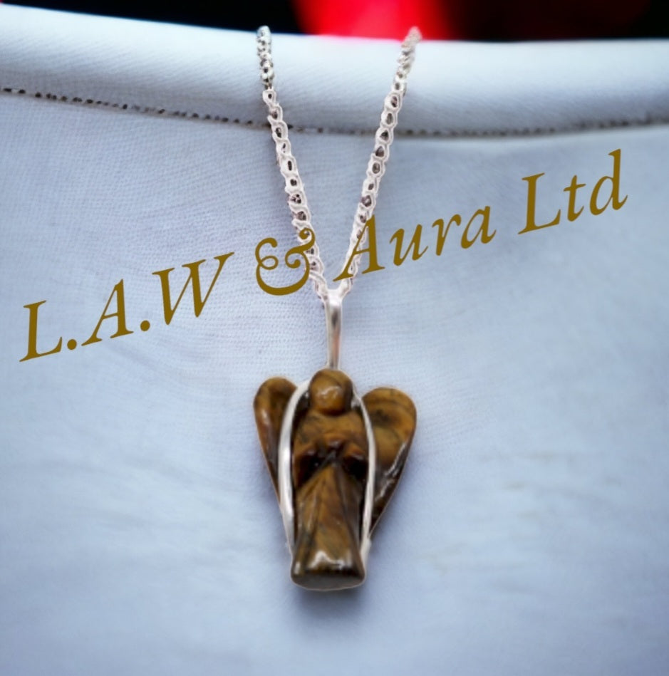 Gemstone Guardian Angel Pendant - Amethyst, Rose Quartz, Rock Crystal, Black Agate, Tigers Eye