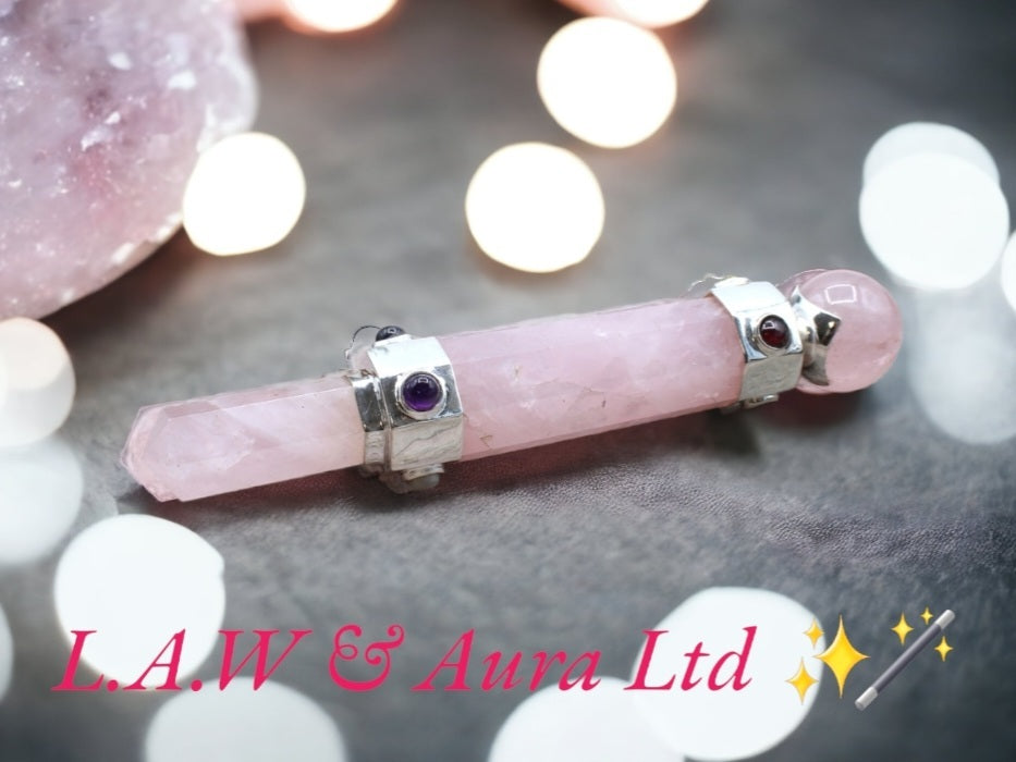 Hexagonal Crystal Healing Wand - 12cm - Rose Quartz, Rock Quartz, Black Agate