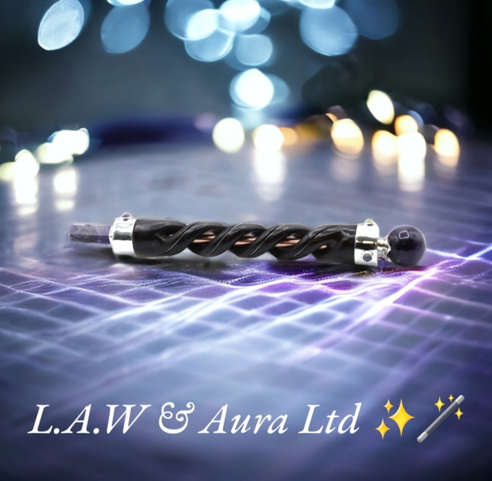Spiral Carving Healing Wand - Copper Pipe Rose Quartz, Rock Quartz, Amethyst
