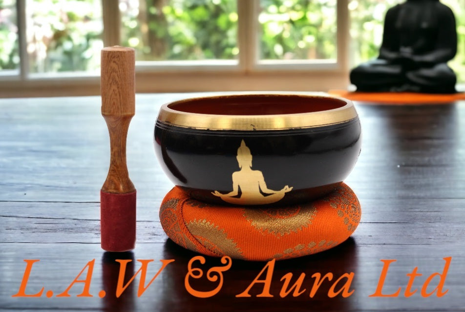 Lrg Buddha Singing Bowl Set- Black/Orange 14cm