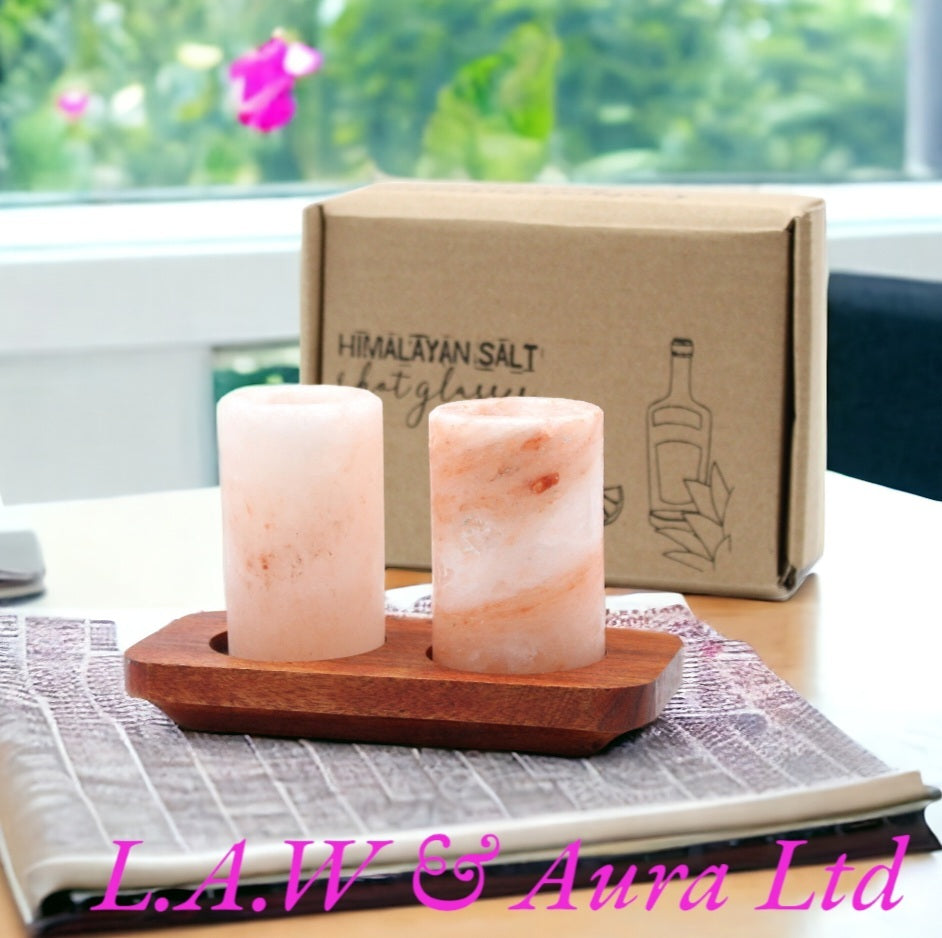 Set of 2 Himalayan Salt Shot Glasses & Wood Serving Stand