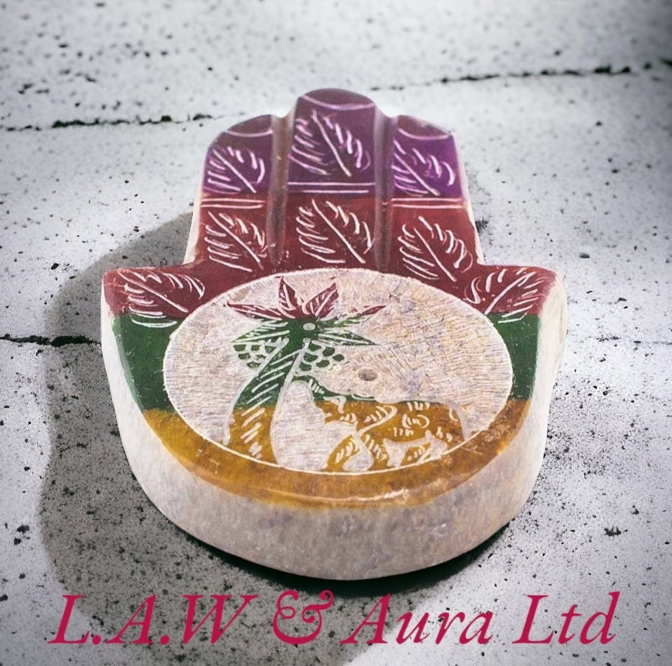 Soapstone Hamsa Incense Holder 9x6cm - Elephant & Palm