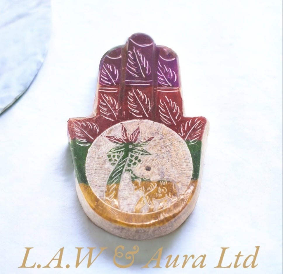 Soapstone Hamsa Incense Holder 9x6cm - Elephant & Palm