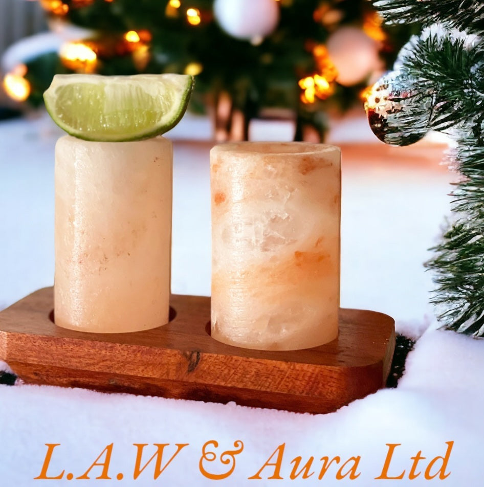 Set of 2 Himalayan Salt Shot Glasses & Wood Serving Stand