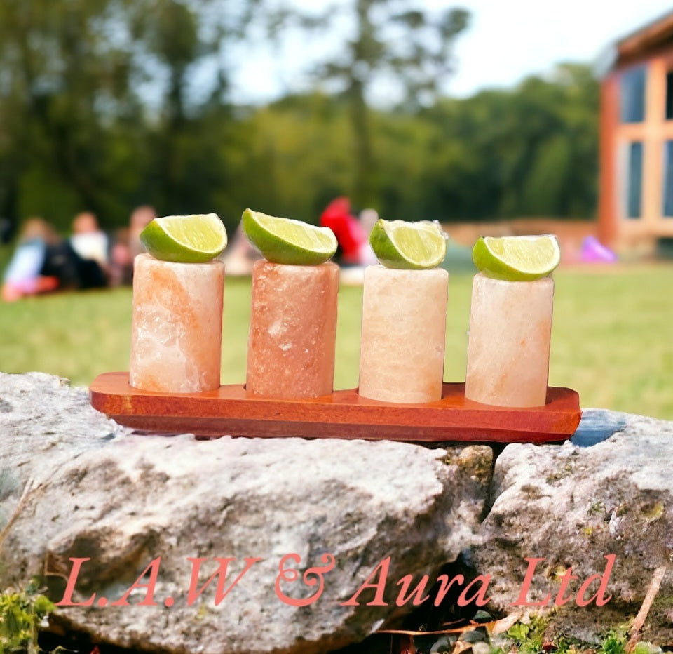 Set of 4 Himalayan Salt Shot Glasses & Wood Serving Stand