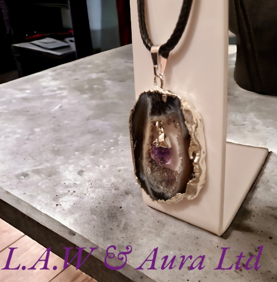 Brazilian Druzy Agate Slice with Amethyst Point Silver Plated