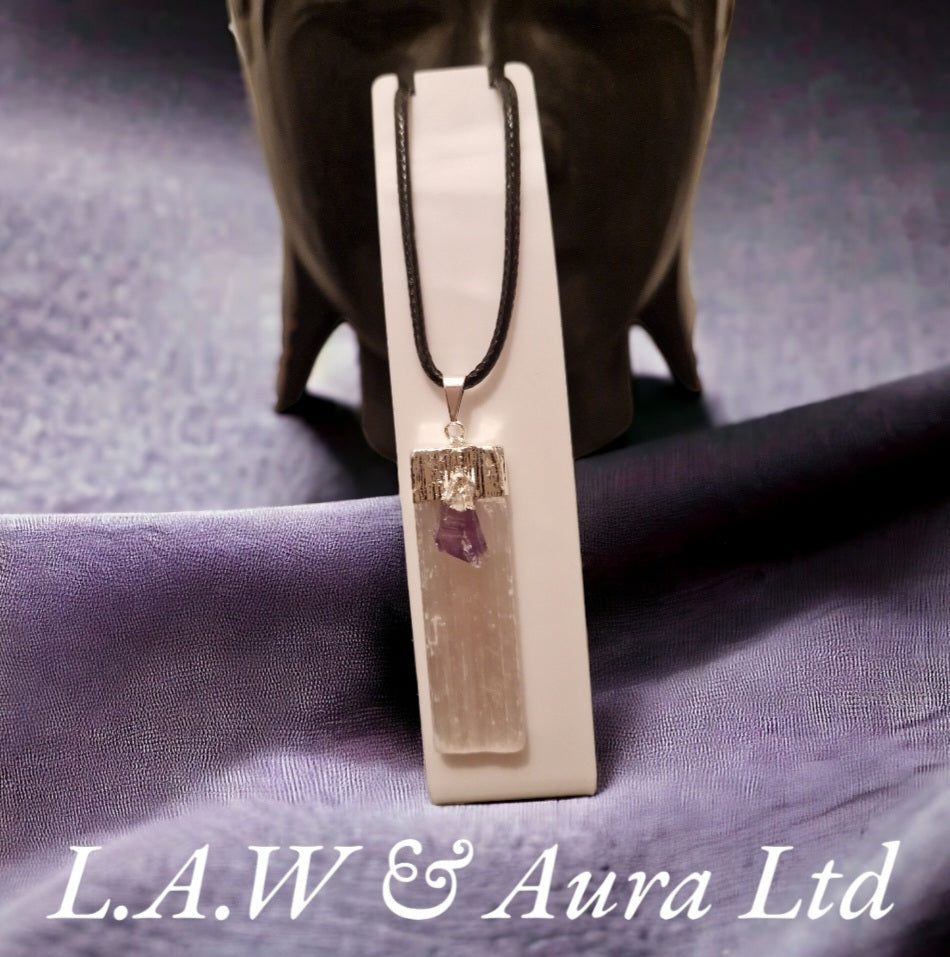 Brazilian Selenite Pendant with Amethyst Accent Silver Plated 🤍💜✨️