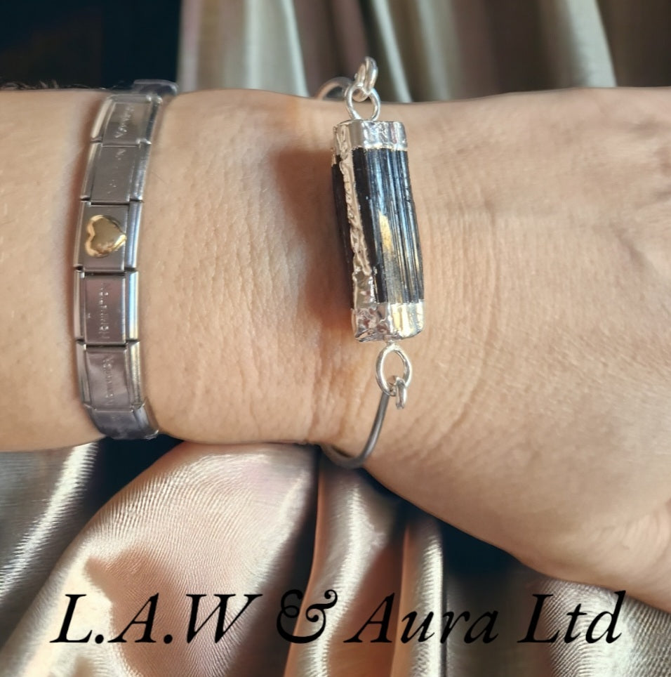 Brazilian Tourmaline Wire Wrapped Silver Plated Bangle 🖤✨️