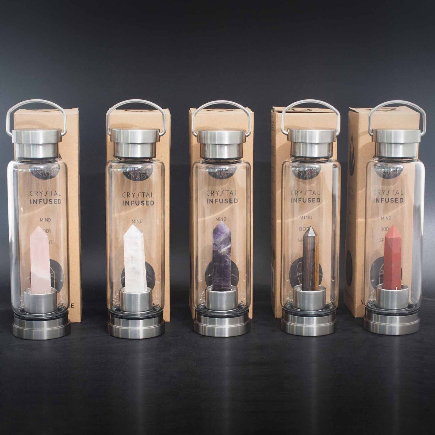 Crystal Infused Glass Water Bottle - Cleansing Clear Quartz, Amethyst, Rose Quartz, Red Jasper - Obelisk