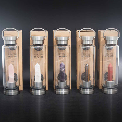 Crystal Infused Glass Water Bottle - Cleansing Clear Quartz, Amethyst, Rose Quartz, Red Jasper - Obelisk