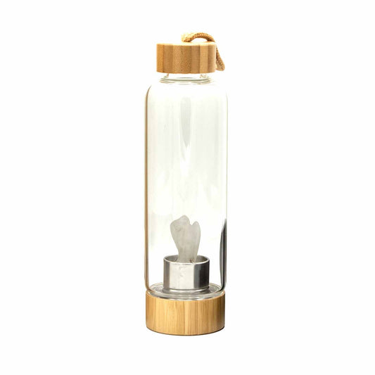Crystal Infused Glass Water Bottle - Cleansing Clear Quartz, Rose Quartz, Amethst, Red Jasper- Angel