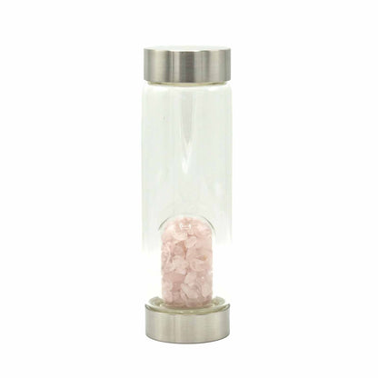 Crystal Infused Glass Water Bottle - Rejuvenating Rose Quartz, Clear Quartz, Amethyst, Red Jasper, Tigers Eye - Chips