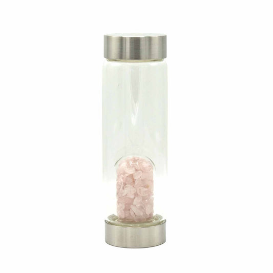Crystal Infused Glass Water Bottle - Rejuvenating Rose Quartz, Clear Quartz, Amethyst, Red Jasper, Tigers Eye - Chips