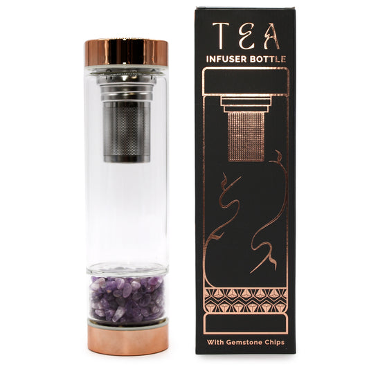 Crystal Glass Tea Infuser Bottle - Rose Gold - Amethyst, Rose Quartz, Rock Quartz, Onyx, Red Jasper