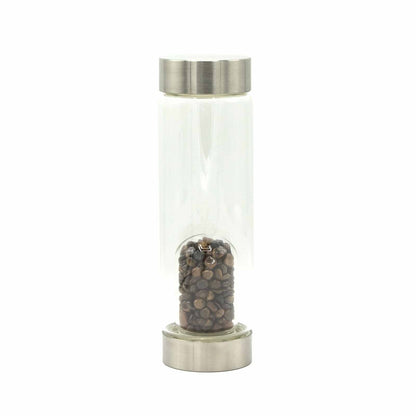 Crystal Infused Glass Water Bottle - Rejuvenating Rose Quartz, Clear Quartz, Amethyst, Red Jasper, Tigers Eye - Chips