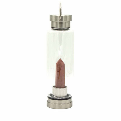 Crystal Infused Glass Water Bottle - Cleansing Clear Quartz, Amethyst, Rose Quartz, Red Jasper - Obelisk