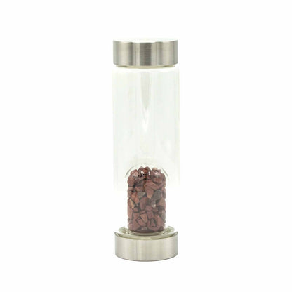 Crystal Infused Glass Water Bottle - Rejuvenating Rose Quartz, Clear Quartz, Amethyst, Red Jasper, Tigers Eye - Chips