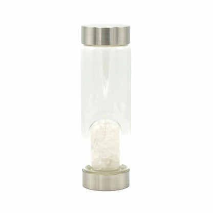Crystal Infused Glass Water Bottle - Rejuvenating Rose Quartz, Clear Quartz, Amethyst, Red Jasper, Tigers Eye - Chips