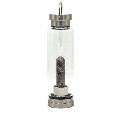 Crystal Infused Glass Water Bottle - Cleansing Clear Quartz, Amethyst, Rose Quartz, Red Jasper - Obelisk
