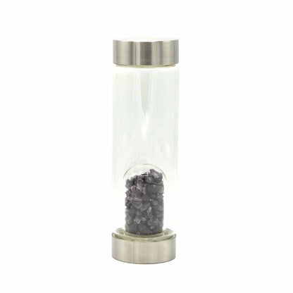 Crystal Infused Glass Water Bottle - Rejuvenating Rose Quartz, Clear Quartz, Amethyst, Red Jasper, Tigers Eye - Chips