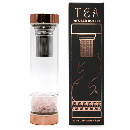 Crystal Glass Tea Infuser Bottle - Rose Gold - Amethyst, Rose Quartz, Rock Quartz, Onyx, Red Jasper