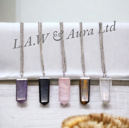 Gemstone Flat Pencil Pendant - Rose Quartz, Rock Quartz, Amethyst, Black Agate, Tigers Eye