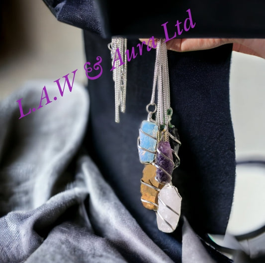 Cascade Wrapped Gemstone Necklace - Rough Rose Quartz, Opalite, Amethyst, Black Onyx, Tigers eye