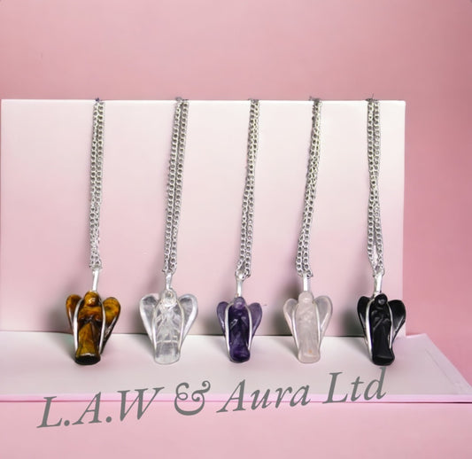 Gemstone Guardian Angel Pendant - Amethyst, Rose Quartz, Rock Crystal, Black Agate, Tigers Eye