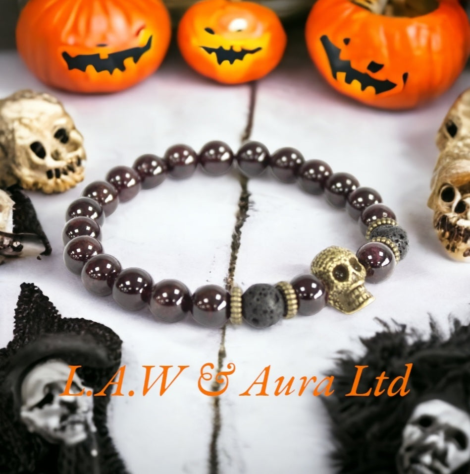 Bronze Skull / Blood Stone - Gemstone Bracelet