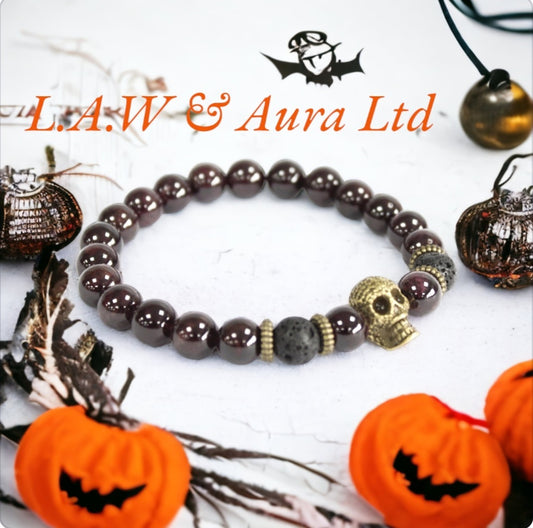 Bronze Skull / Blood Stone - Gemstone Bracelet