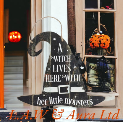 A Witch Lives Here Hanging MDF Sign