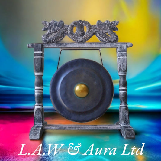 Large Healing Gong in Brown Antique Stand - 80cm - Black