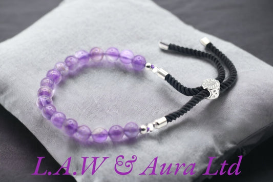 925 Silver Plated Gemstone Black String Bracelet - Amethyst