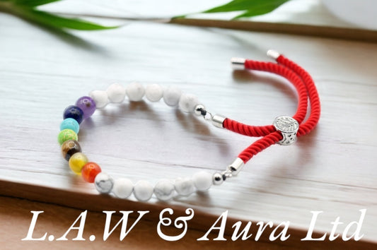 925 Silver Plated Gemstone Royal Red String Bracelet - White Howlite Chakra