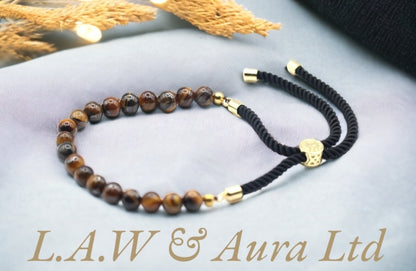 18K Gold Plated Gemstone Black String Bracelet - Tiger Eye