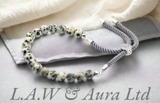 925 Silver Plated Gemstone Charcoal String Bracelet - Dalmation Jasper