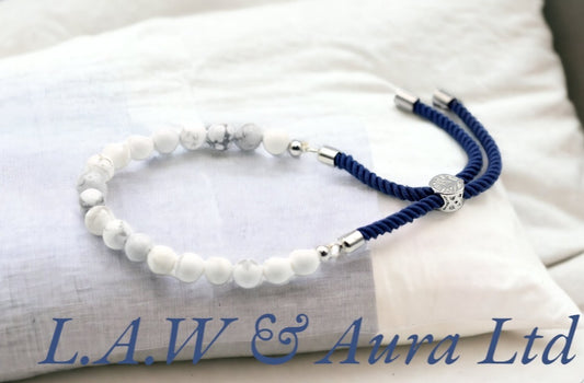 925 Silver Plated Gemstone Navy String Bracelet - White Howlite
