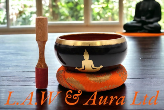 Lrg Buddha Singing Bowl Set- Black/Orange 14cm