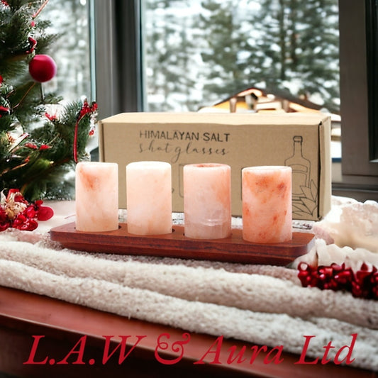 Set of 4 Himalayan Salt Shot Glasses & Wood Serving Stand